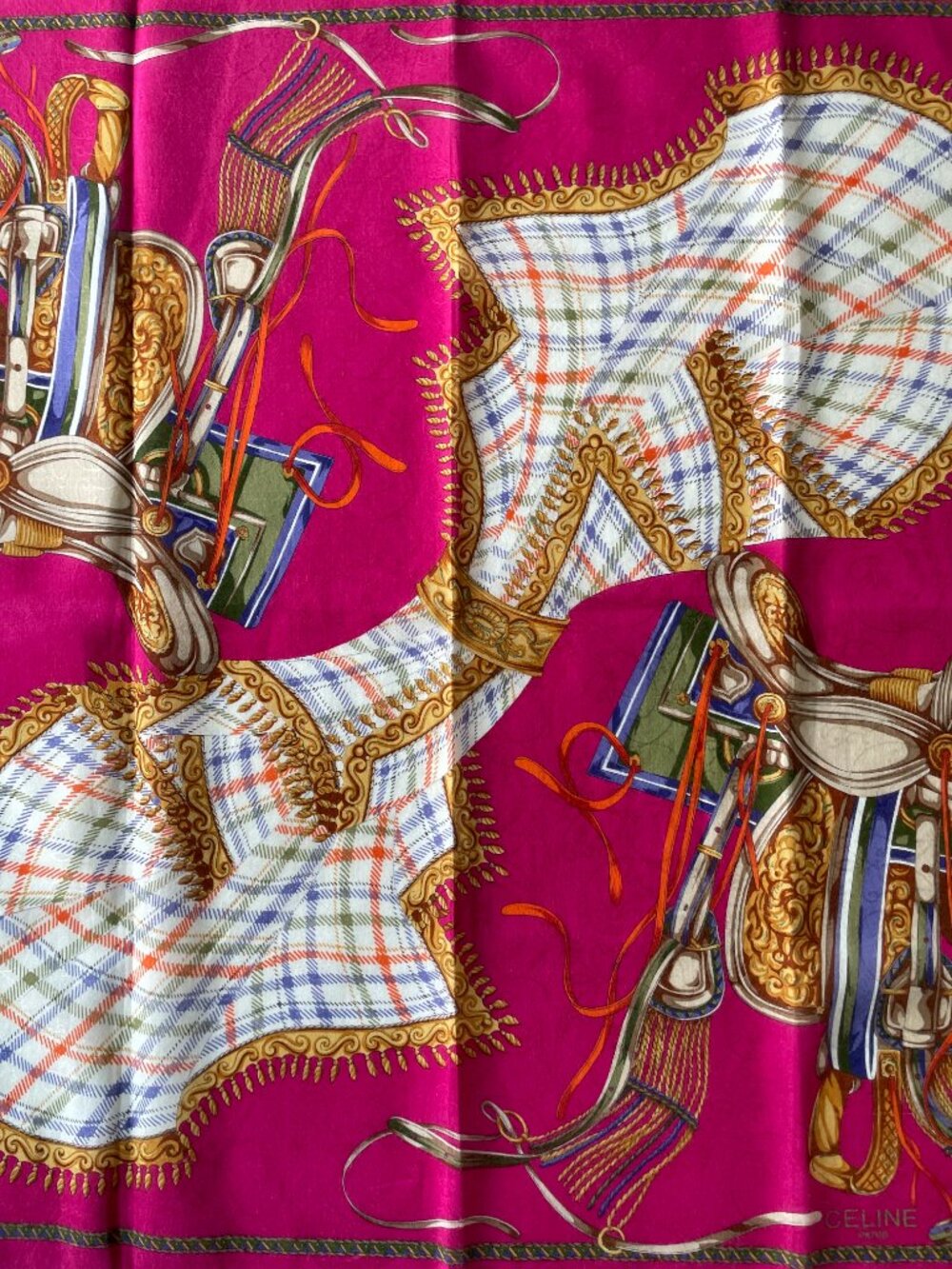 Vintage Celine Equestrian Tartan Cotton Scarf Pink Rolled Hem - Picture 4 of 13